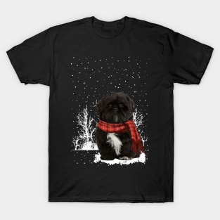 Christmas Black Shih Tzu With Scarf In Winter Forest T-Shirt